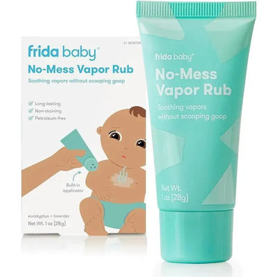 Frida Baby No-Mess Vapor Rub in a turquoise tube, next to a box depicting a soothing application on a baby.