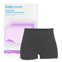 Disposable postpartum underwear by Frida Mom, featuring comfortable gray boyshorts on a branded packaging background.