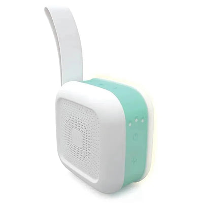 2-in-1 portable sound machine and nightlight by Fridababy, featuring a white and teal design with control buttons.
