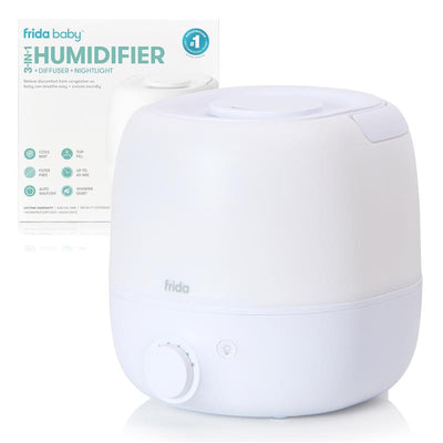 3-in-1 Cool Mist Humidifier by Fridababy, designed for large rooms, featuring a white rounded design and adjustable settings.