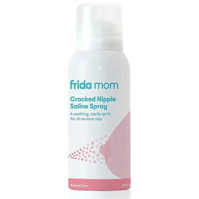 Frida Mom Cracked Nipple Saline Spray, 2 fl. oz., labeled as a soothing spray for sore nipples.