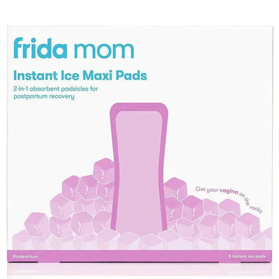 Frida Mom Instant Ice Maxi Pads package featuring a large pink pad surrounded by smaller pink ice shapes, designed for postpartum recovery.