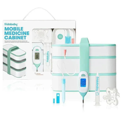 FridaBaby Mobile Medicine Cabinet Travel Kit featuring a digital thermometer, nasal aspirator, and assorted baby wellness tools.