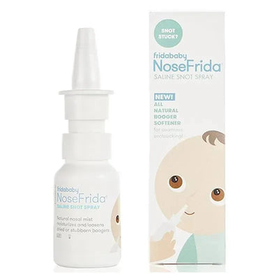 Fridababy NoseFrida Saline Snot Spray bottle next to its packaging, designed to soften nasal mucus for infants.