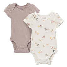 Two Gerber baby bodysuits: one with black stripes and the other in mint green with food print.