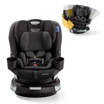 Graco EasyTurn 360 2-in-1 rotating convertible car seat in black, featuring two cup holders and adjustable safety harness.