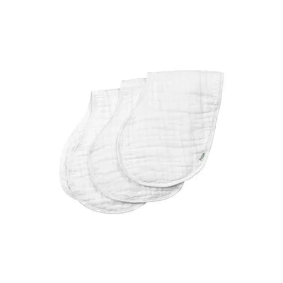 Organic muslin burp cloths in white, three-pack, featuring a soft, absorbent texture and rounded corners.