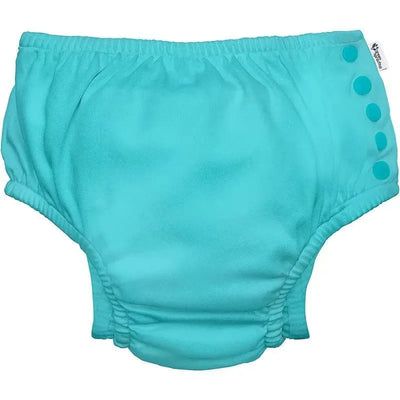 Reusable eco-friendly swim diaper in aqua, featuring adjustable side snaps and elasticized leg openings.
