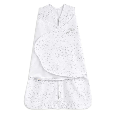 HALO SleepSack Swaddle in gray with a stars and moons design, made of 100% cotton, for newborns.