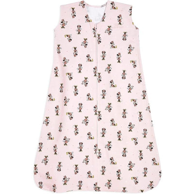 HALO SleepSack Wearable Blanket in pink, featuring Minnie Mouse patterns, made of 100% cotton with a 0.5 TOG rating, size large.