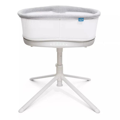 HALO BassiNest Soothing Swivel Sleeper 3.0 in grey with a sturdy base, featuring soothing sound buttons on the side.