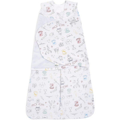 HALO SleepSack Swaddle in 100% cotton featuring Harry Potter-themed illustrations, designed for safe and cozy sleep.