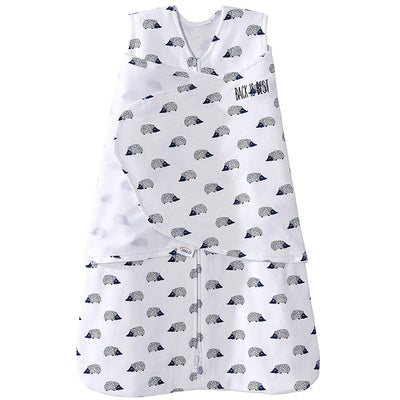 HALO SleepSack Swaddle in navy with hedgehog print, made of 100% cotton, 1.5 TOG, size small, designed for safe sleeping.
