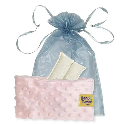 Pink Happi Tummi aromatherapy wrap for babies, designed for colic and gas relief, with two included heat packs and organza storage bag.