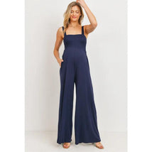 Hello Miz Sleeveless Smocked Maternity Wideleg Jumpsuit Navy Image 1