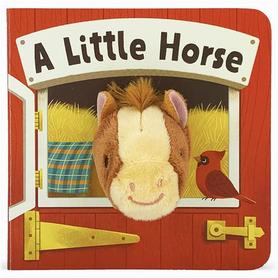 A Little Horse Finger Puppet Book featuring a plush horse head peeking from a barn door with a red bird nearby.