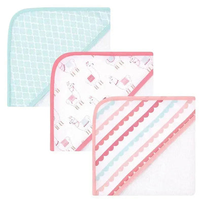Three hooded towels from Hudson Baby featuring llamas and colorful patterns in cotton-rich fabric.
