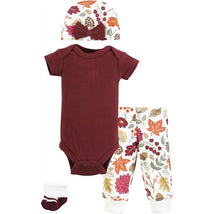 Hudson Baby Preemie thermal short sleeve layette set featuring a burgundy onesie, floral pants, a matching hat, and socks.