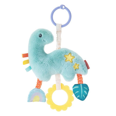 Infantino Pull & Shake Jittery Pal - Dino, a soft plush blue dinosaur toy with colorful rings and textures, designed for sensory play.