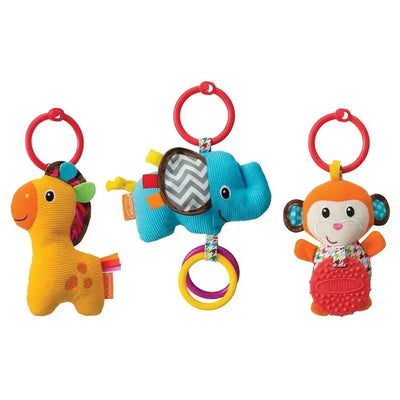 Colorful plush animal toys including a giraffe, elephant, and monkey, each with a loop for attachment.