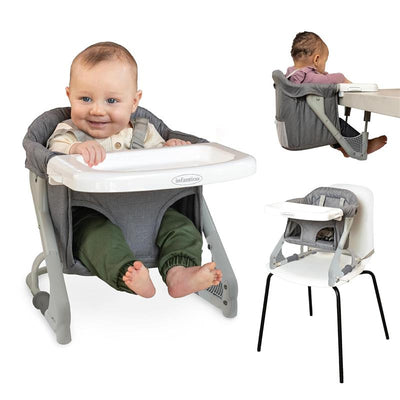 Portable booster seat from Infantino with a smiling baby, featuring a removable tray and versatile design for easy use.