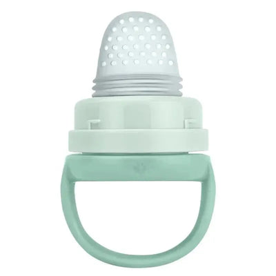 Sage-colored Iplay Sprout Ware First Foods Feeder with a round handle and perforated silicone tip for easy feeding.