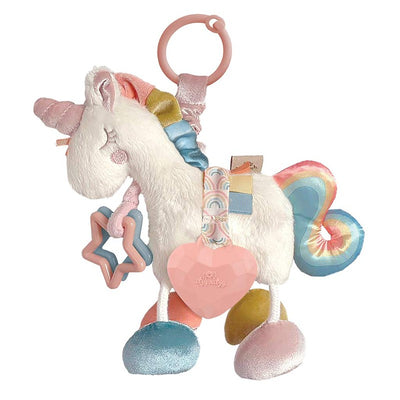 Plush unicorn toy with teether, featuring colorful mane, soft textures, and interactive elements like a star and heart-shaped toys.