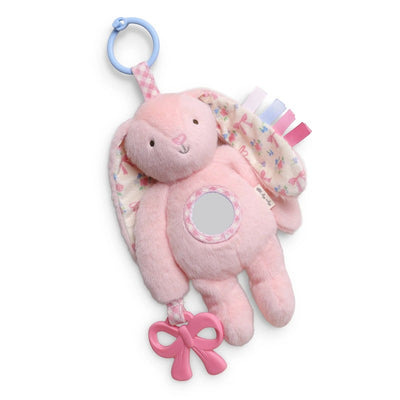 Pink bunny sensory toy with soft fabric, patterned ears, a teething ring, and vibrant tags for tactile exploration.