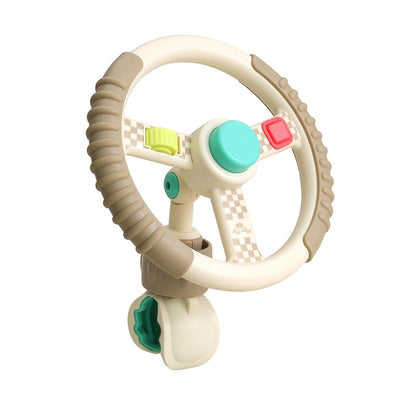 Taupe steering wheel toy with a turquoise button, colorful controls, and checkered accents, designed for children’s pretend play.