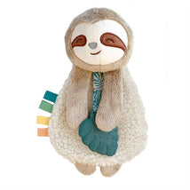 Itzy Ritzy sloth lovey featuring a plush sloth head, soft fabric body, and attached blue silicone teether with colorful tags.