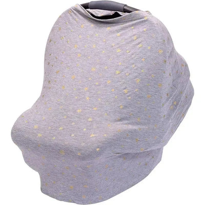 Stretchy car seat canopy in grey with gold stars, designed for privacy and multi-use cover for infants.