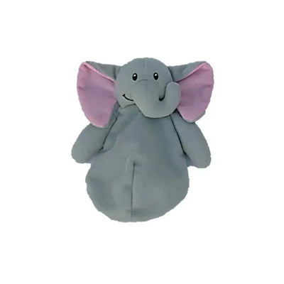 Reusable ice pack shaped like an elephant, gray body with pink inner ears, designed for soothing bumps and bruises.
