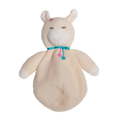 Reusable ice pack shaped like a llama, featuring a soft, beige fabric with a cute face and colorful ribbon details.