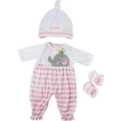 Pink striped long onesie for dolls featuring an embroidered elephant and matching hat and booties.