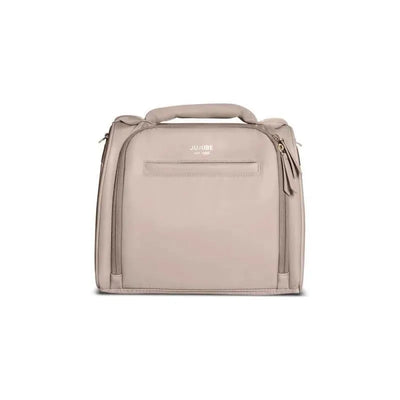 Taupe Jujube insulated bottle bag with a front pocket and zipper, featuring a top handle and sleek design.