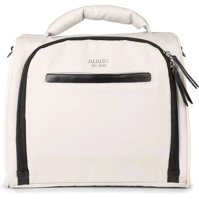 Insulated bottle bag by Jujube x Witney Carson in cloud color, featuring a black zipper and handle.