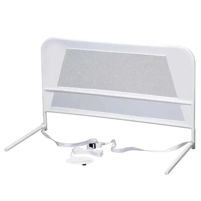 White mesh bed rail guard for toddlers, 39 inches long, featuring safety straps and a sturdy frame.