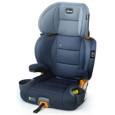 Chicco Kidfit ClearTex Plus High Back Booster Car Seat in navy blue with adjustable headrest and armrests.