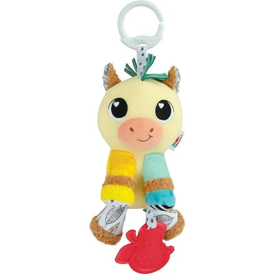 Lamaze Carson Clydesdale Clip & Go toy features a colorful plush horse with a clip and a red teething accessory.