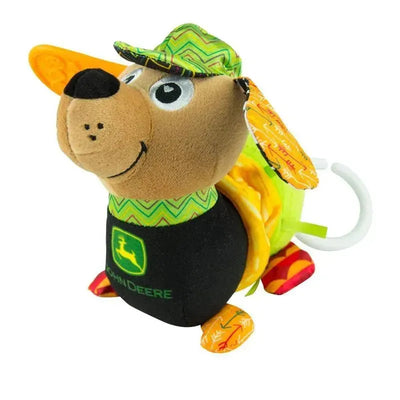 Soft plush dog toy dressed in John Deere attire, featuring vibrant colors and clip for car seats or strollers.