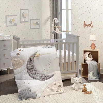 Lambs & Ivy 3-pack Goodnight Moon Baby Crib Bedding Set featuring a quilt with moon and star designs, and cozy nursery decor.