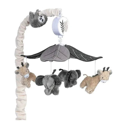 Baby crib mobile featuring plush jungle animals, including a sloth, goat, elephant, and giraffe, designed for decorative and soothing purposes.