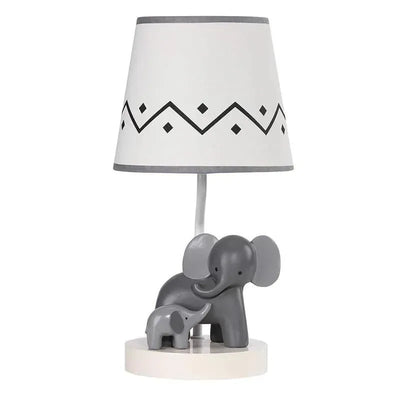 Gray elephant lamp featuring a larger elephant with a smaller one, complemented by a patterned gray and white shade.
