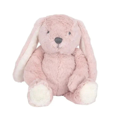 Plush pink bunny toy with floppy ears and a soft body, designed for comfort and cuddling.