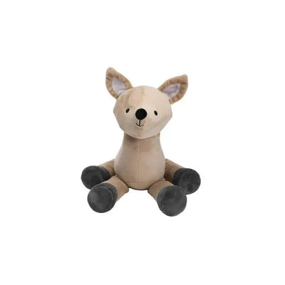 Plush deer toy with brown body, large ears, and black hooves, perfect for cuddling and play.