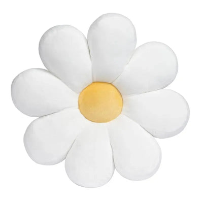 Plush white daisy-shaped pillow with a yellow center, designed for nursery decor or comfort.
