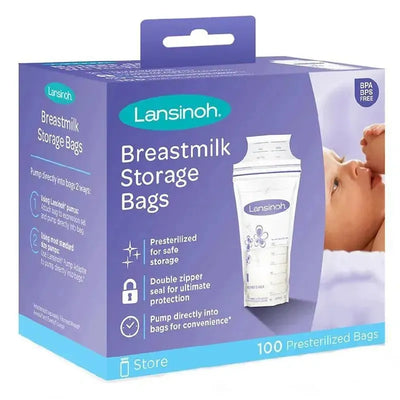 Lansinoh Breastmilk Storage Bags box containing 100 presterilized bags with detailed usage instructions and BPA/BPS free label.