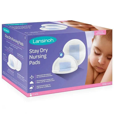 Lansinoh Disposable Nursing Pads box featuring 100 pads, emphasizing improved absorbency and waterproof lining for leak-proof protection.