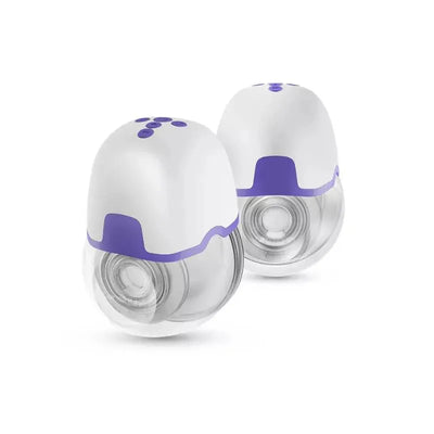 Wearable breast pump with a white and purple design, featuring two transparent collection cups.