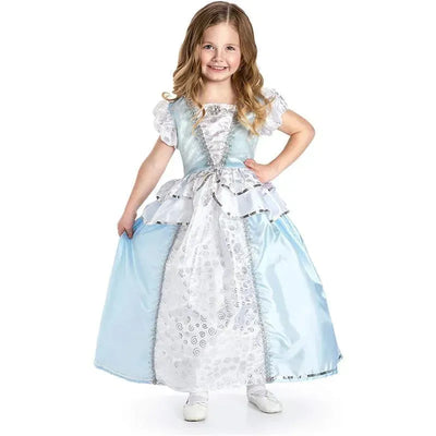 Cinderella princess dress-up costume on a young girl, featuring a blue and white gown with puffy sleeves and decorative details.